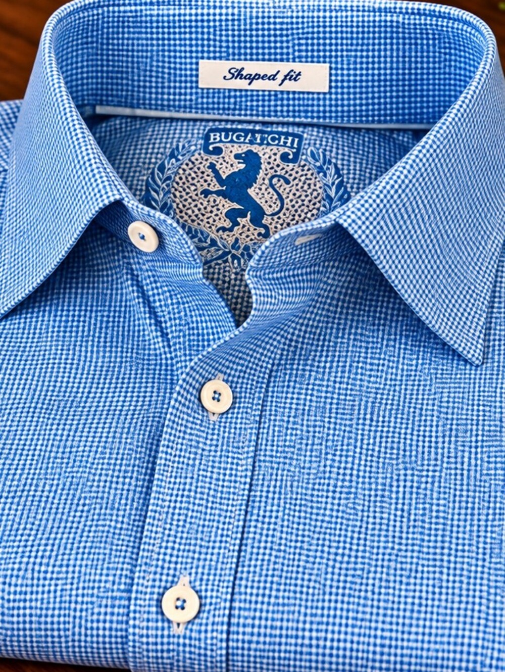 BUGATCHI Mens Large Shaped Fit Shirt Blue White 100% Cotton Long Sleeve